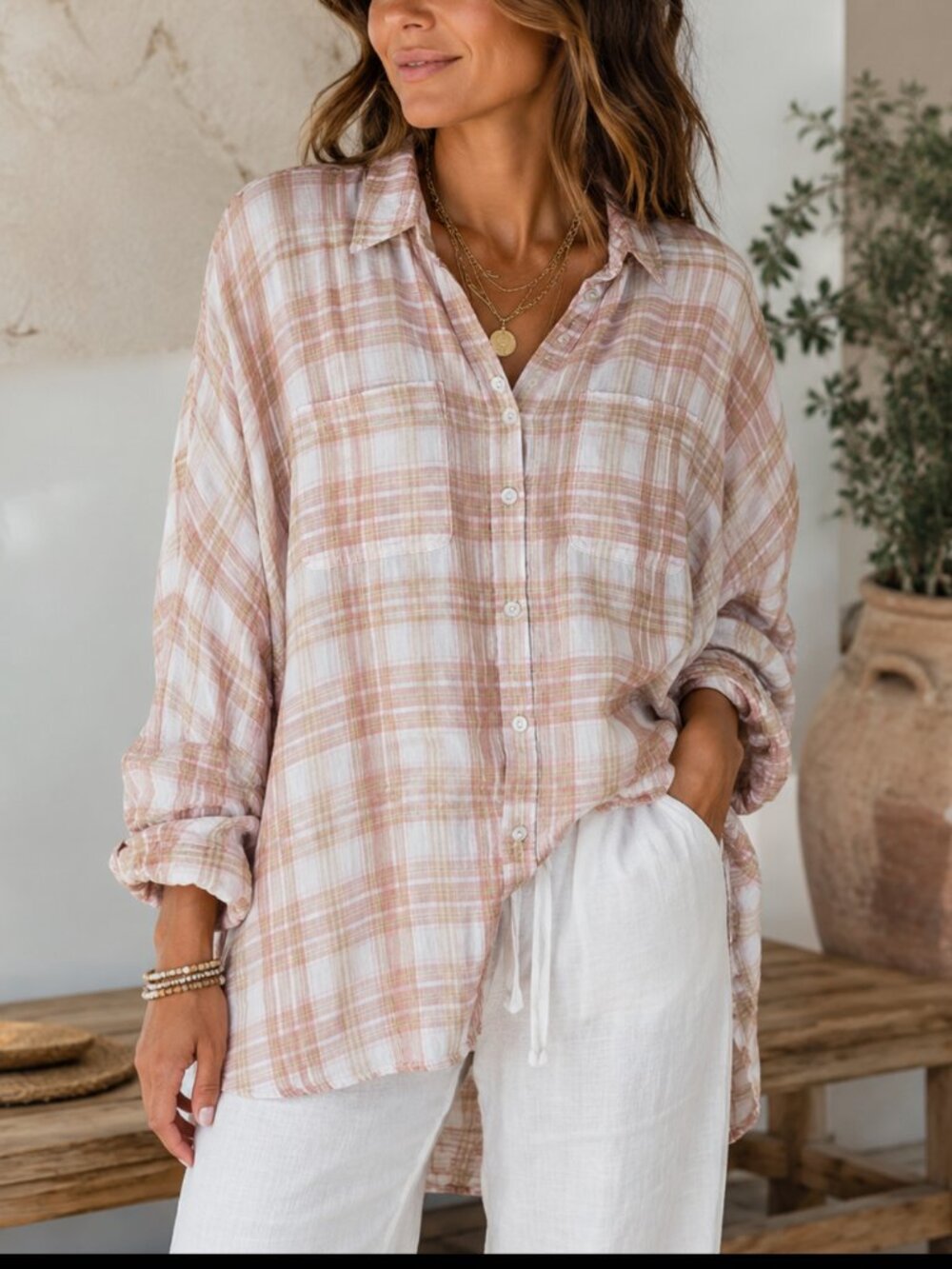 American Eagle Oversized Linen Button-Up Beach Shirt Blush Tan White Plaid S EUC